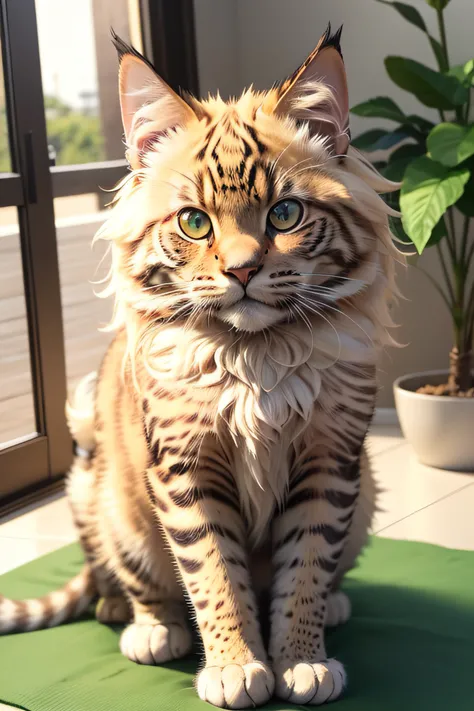 Gatinho bonito Mainecoon, Estilo do gato de Bengala, olhos verdes, cor laranja, jaguar spots, master part, alta qualidade, Detalhes altos, ultra-detalhado, fotorrealista