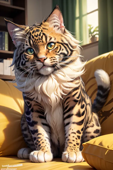 Gatinho bonito Mainecoon, Estilo do gato de Bengala, olhos verdes, cor laranja, jaguar spots, master part, alta qualidade, Detalhes altos, ultra-detalhado, fotorrealista