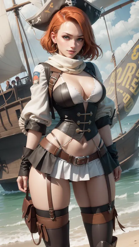 gwen tennyson,tracer,reisalin stout, nier automata,teenager,pirate outfit, beach,green eyes,long scarf,thigh high boots,garter belt,shy smile,striped panties,short hair,orange hair,pirate ship,white striped top,open-front skirt,wet shirt,freckles,redhead,p...