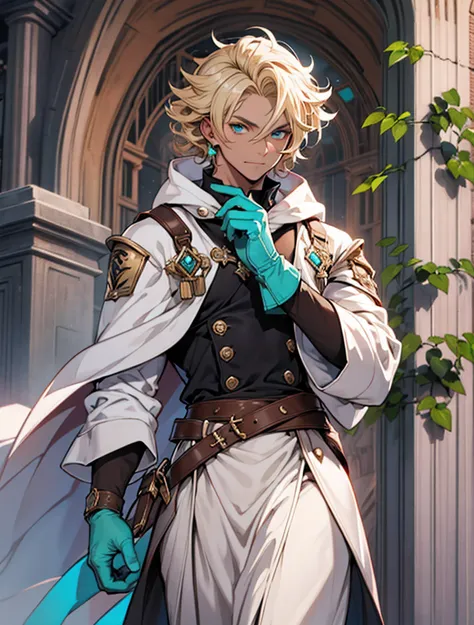 white mage male, tanned, short Ivy League curly Light Blonde hair, Turquoise eyes, Gloves,