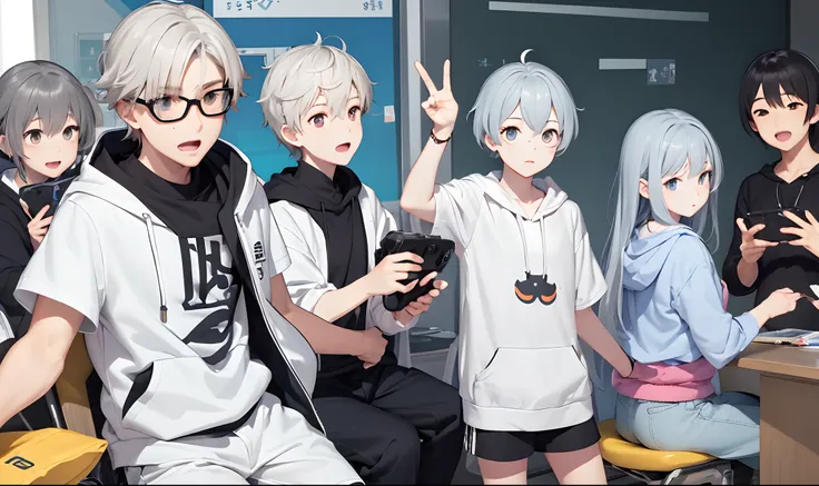 Gray-haired Japanese anime youth, VR glasses,, White hoodie, White shorts, No tattoos, No beard