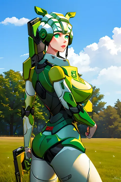 masterpiece realistic, green female robot, sexy,deer logo, tractor