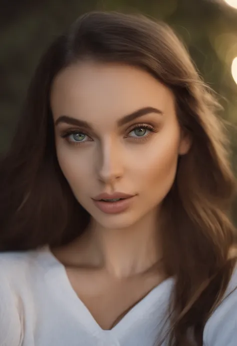 arafed woman with large breasts, sexy girl with green eyes, portrait sophie mudd, brown hair and large eyes, selfie of a young woman, bedroom eyes, violet myers, without makeup, natural makeup, looking directly at the camera, face with artgram, subtle make...