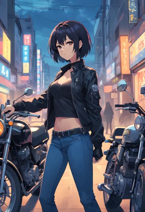 Badass  beautiful goth woman with medium breasts wearing black jacket and jeans curved slim thick  figure next to motorcycle pistol in hand