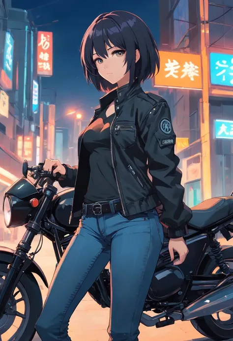 Badass  beautiful goth woman with medium breasts wearing black jacket and jeans curved slim thick  figure next to motorcycle pistol in hand