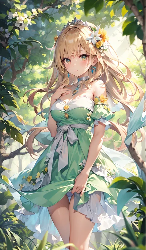 (Full Body:1.1), 1girl, solo, flower, hair flower, hair ornament, long hair, blonde hair, looking at viewer, bare shoulders, yellow eyes, breasts, detached sleeves, closed mouth, wide sleeves, long sleeves, bangs, from side, dress, green dress, yellow flow...