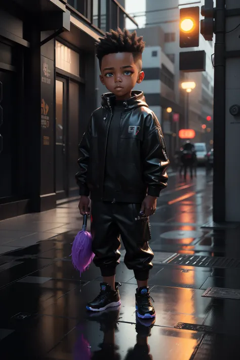 3d toy, 3d rendering, ip, cyberpunk style, cute little Black boy painter holding a brush, rain puddle with a reflection with eyes, simple background, best quality, c4d, blender, 3D MODEL, TOYS, STREET STYLE, HIGH RESOLUTION, A LOT OF DETAILS, PIXAR, BIG SH...