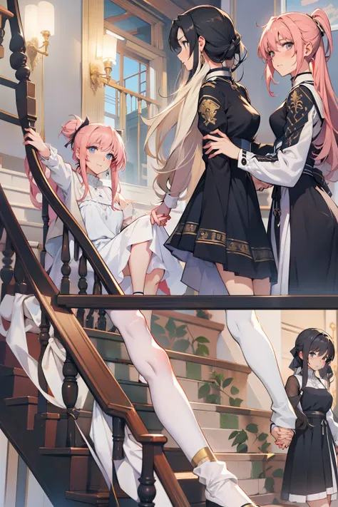 {{female and female couples}}、Stairs in the house、sitting on stairs、nanoha takamachie wearing a black dress、fate testerosa in a white skirt, holding hands, gaze into each others eyes