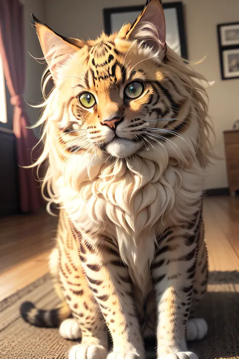 Gatinho bonito Mainecoon, Estilo do gato de Bengala, olhos verdes, cor laranja, jaguar spots, master part, alta qualidade, Detalhes altos, ultra-detalhado, fotorrealista