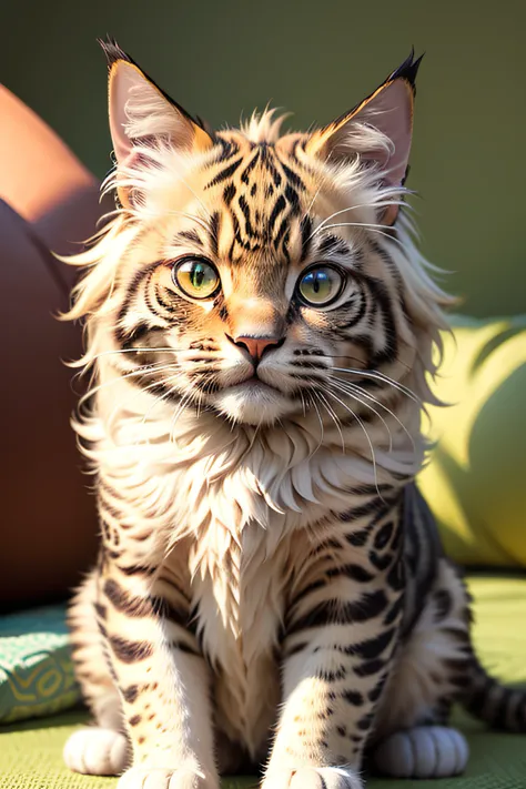 Gatinho bonito Mainecoon, Estilo do gato de Bengala, olhos verdes, cor laranja, jaguar spots, master part, alta qualidade, Detalhes altos, ultra-detalhado, fotorrealista