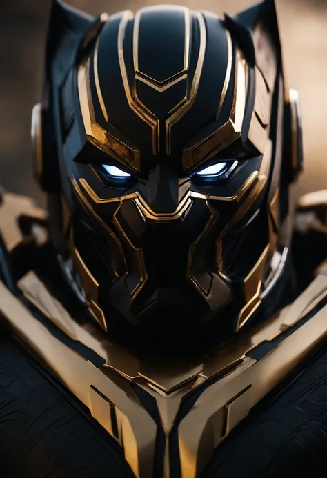 transformer close up, high texture quality, highly detailed, sharp, metallic, bold, 4k, in theme of black panther with gold strips, fully metal,