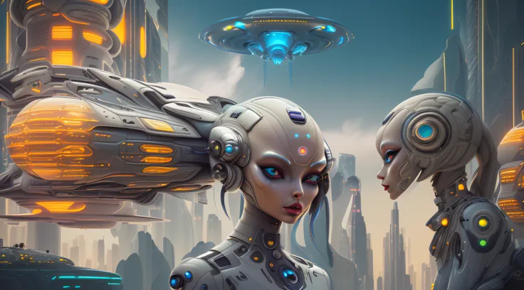 futuristic woman in a city with a spaceship hovering overhead, retrofuturistic female android, portrait of a humanoid alien, fashionable futuristic woman, alien woman, sci-fi digital art illustration, science fiction digital art, in a futuristic city, port...