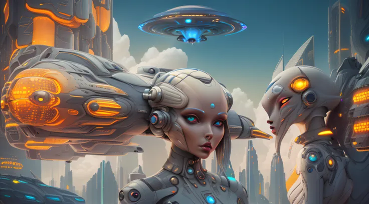 futuristic woman in a city with a spaceship hovering overhead, retrofuturistic female android, portrait of a humanoid alien, fashionable futuristic woman, alien woman, sci-fi digital art illustration, science fiction digital art, in a futuristic city, port...