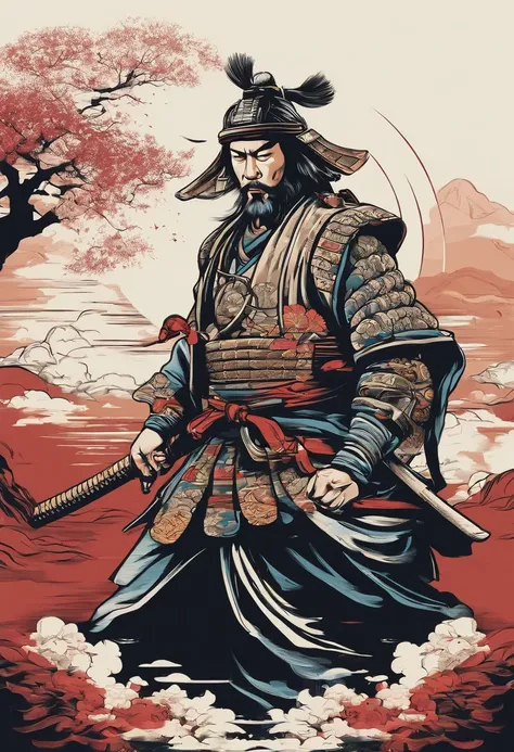 Japanese samurai vector t-shirt printing, estilo de adesivo detalhado, desenho de cor estilo tatuagem, fundo branco, nevoeiro, Chinese Standard Clouds.