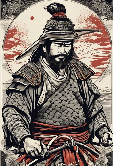 Japanese samurai vector t-shirt printing, estilo de adesivo detalhado, desenho de cor estilo tatuagem, fundo branco, nevoeiro, Chinese Standard Clouds.