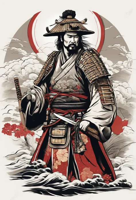 Japanese samurai vector t-shirt printing, estilo de adesivo detalhado, desenho de cor estilo tatuagem, fundo branco, nevoeiro, Chinese Standard Clouds.