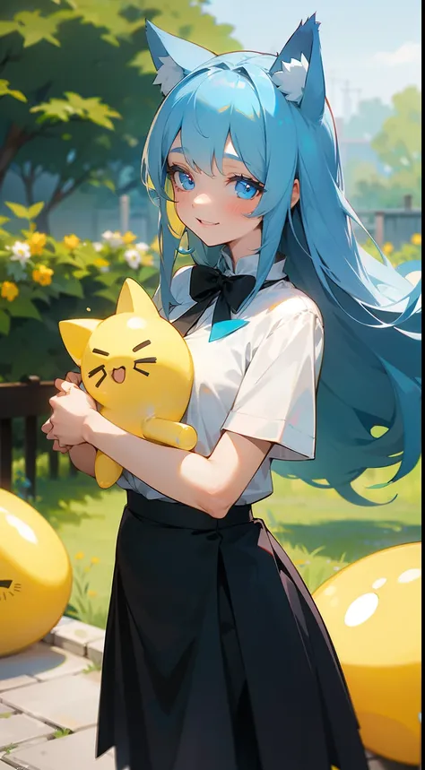 1girl ,20s,happy face,white shirt,black skirt,medium tits,light blue hair,long hair,blue eyes,Cat ears,standing in a garden,holding a cute yellow slime in her arms