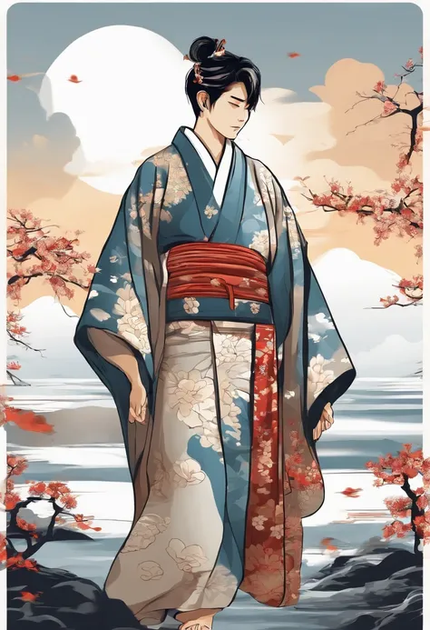 Japanese male boy beautiful young adult, with male kimono,  vector t-shirt printing, estilo de adesivo detalhado, desenho de cor estilo tatuagem, fundo branco, nevoeiro, Chinese Standard Clouds.