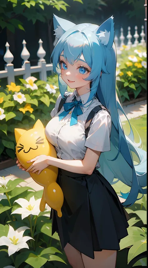 1girl ,20s,happy face,white shirt,black skirt,medium tits,light blue hair,long hair,blue eyes,Cat ears,standing in a garden,holding a cute yellow slime in her arms