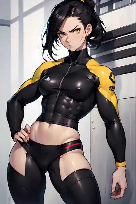 (muscular, thick thighs, small breasts, tight clothes, toned body, 1 girl), black hair, pale skin, yellow eyes, angry