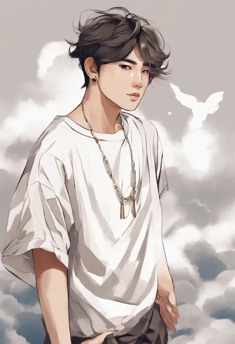 Japanese male boy beautiful young adult, with male,  vector t-shirt printing, estilo de adesivo detalhado, desenho de cor estilo tatuagem, fundo branco, nevoeiro, Chinese Standard Clouds.