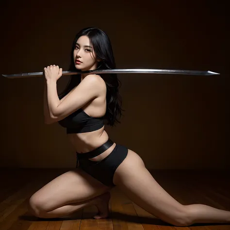 Sexy woman with long black hair，Wearing a naked，full bodyesbian，Pose from head to toe，Big breasts and big buttocks，Big breasts and fat buttocks，Sword, National style martial arts，Jianghu martial arts，Copper money armor