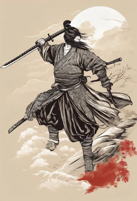 Japanese swordman, with male,  vector t-shirt printing, estilo de adesivo detalhado, desenho de cor estilo tatuagem, fundo branco, nevoeiro, Chinese Standard Clouds. Traditional Chinese art with ink, parchment