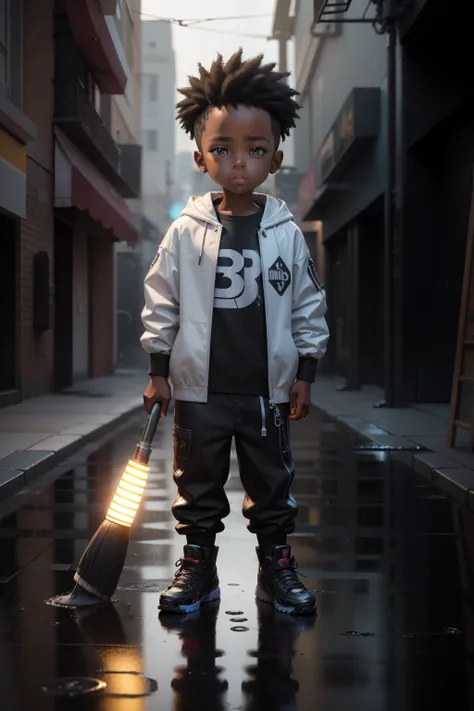 3d rendering, ip, cyberpunk style, cute little Black boy painter holding a brush, rain puddle with a reflection with eyes, simple background, best quality, c4d, blender, 3D MODEL, TOYS, STREET STYLE, HIGH RESOLUTION, A LOT OF DETAILS, PIXAR, BIG SHOES, FAS...