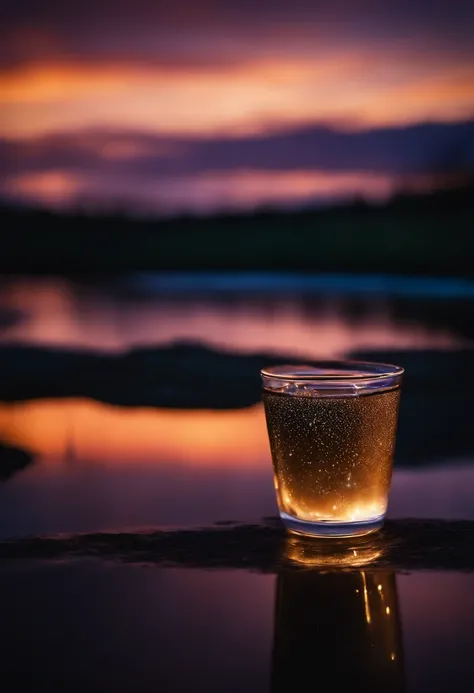 (drinking Cup), Cup,(glass),no humans, reflection,starry sky, scenery, cloud, sparkle,