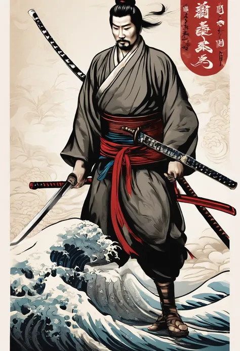 Japanese katana vector t-shirt printing, estilo de adesivo detalhado, desenho de cor estilo tatuagem, fundo branco, nevoeiro, Chinese Standard Clouds. Traditional Chinese art with ink, parchment