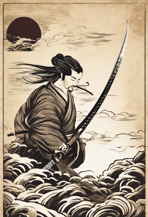 Japanese katana vector t-shirt printing, estilo de adesivo detalhado, desenho de cor estilo tatuagem, fundo branco, nevoeiro, Chinese Standard Clouds. Traditional Chinese art with ink, parchment