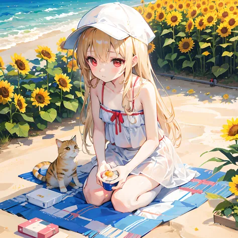 Shiina Mashiro, white Bikini, Sunflower cap, beach, Shiina, Mashiro, Sakurasou, innocent, Masterpiece, sunlight, playing with a cat, red eyes