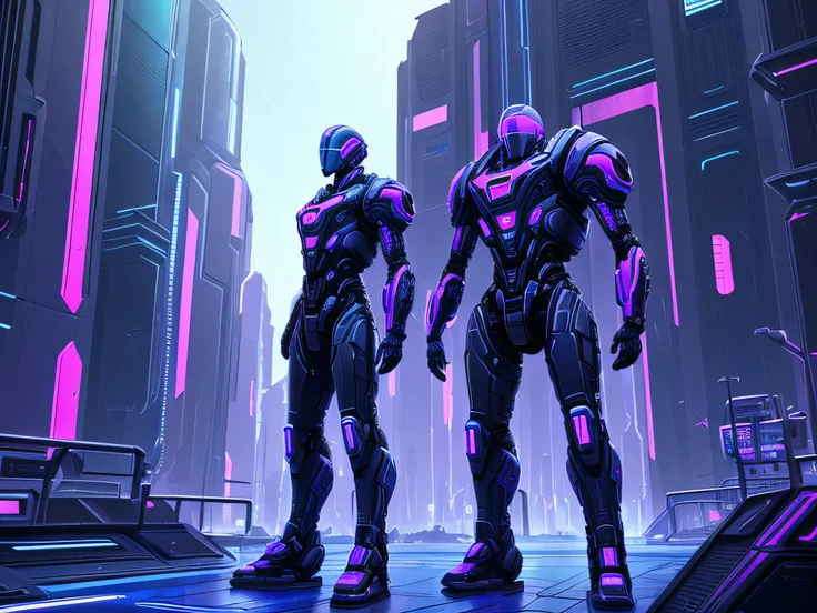 "Humanoid cybernetic structure created for combat on an alien planet":

    Meio: Arte 3D
Estilo: Cyberpunk
Artista: Syd Mead
Sites de arte: ArtStation
Resolution: Intrincado
Detalhes adicionais: alien ruins, atmosfera urbana
Cor: Neon, purple and blue
Lig...