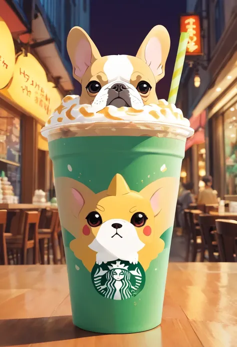 Unique, Cartoonish playful French bulldog-shaped cup, Colorful Starbucks-style frappuccino, French bulldog Starbucks style logo.