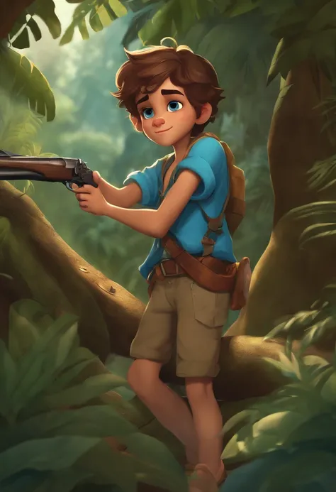 1boy, Shooting, Rags, Blue shirt, full-body, Original Character, cartoon, Jungle Girl, young, A beautiful and sensitive face