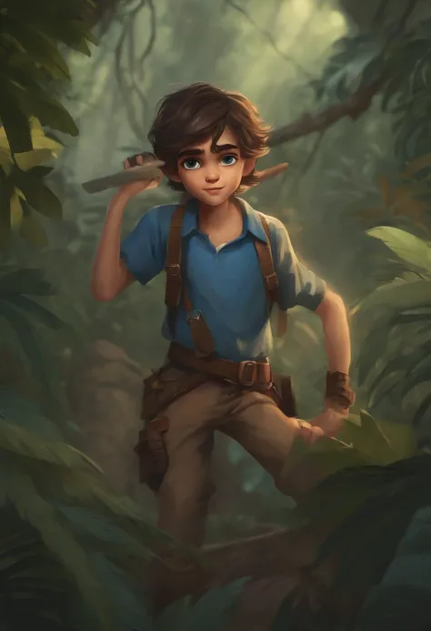 1boy, Shooting, Rags, Blue shirt, full-body, Original Character, cartoon, Jungle Girl, young, A beautiful and sensitive face