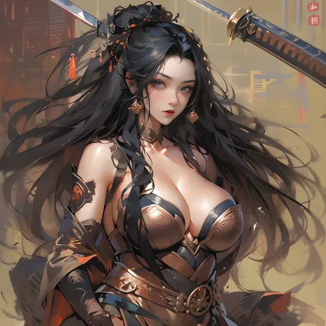 Sexy woman with long black hair，National style woman，Wearing a naked，full bodyesbian，Pose from head to toe，Big breasts and big buttocks，Big breasts and fat buttocks，Sword, swordsmen，Jianghu martial arts，Copper money armor