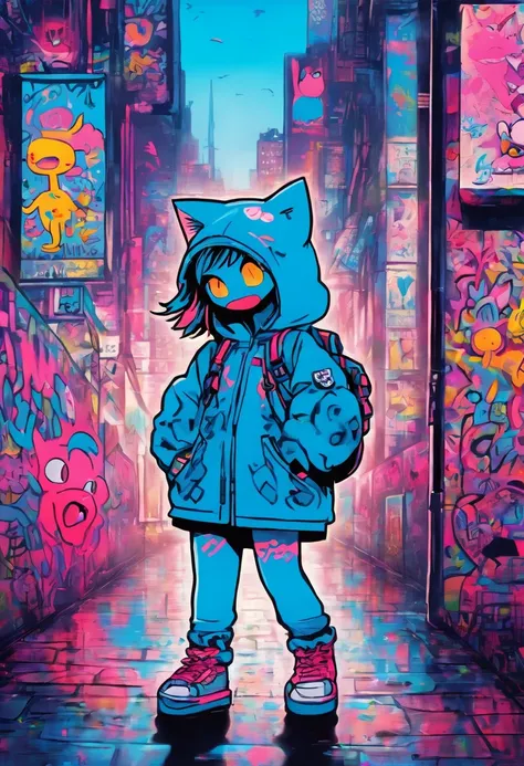 There was a cute little girl with a cat, Stand on a quiet city street,Niedliche Vollbild-Graffiti-Kunst，Grobe Strichzeichnung von Mr. Graffiti und Keith Haring, Klein blau, Stickman, jugendlich, niedlich, anthropomorph, ,Skizzen, Sharpie-Illustration, MBE-...