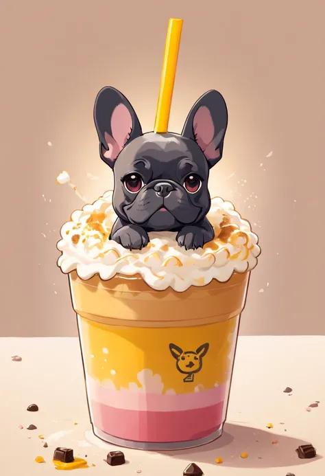 Unique, Cartoonish playful French bulldog-shaped cup, Colorful Starbucks-style frappuccino, French Bulldog Logo.