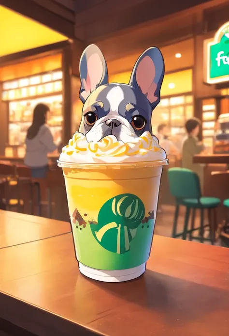 Unique, Cartoonish playful French bulldog-shaped cup, Colorful Starbucks-style frappuccino, French Bulldog Logo.