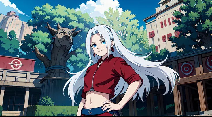 masterpiece, best quality, 1lady, very long hair with bangs, white hair, blue eyes, red crop top, black shorts, mesh undershirt, smiling, earrings, blue sky, outdoors, close up, konohavillage konoha gate walls, cable, tree