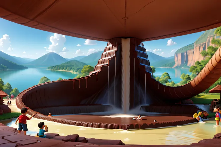 a cartoon world, a large chocolate waterfall falls on a lake, children play in the chocolate lake, the atmosphere is festive