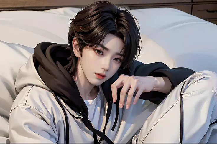 ((4K works))、​masterpiece、（top-quality)、((high-level image quality))、((One Manly Boy))、Slim body、((Stylish black hoodie and long white pants))、(Detailed beautiful eyes)、Stylish bedroom、Shooting on a futon、Face similar to Chaewon in Ruseraphim、((short hair ...