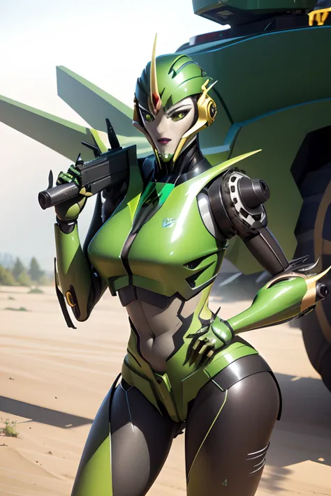 masterpiece, sexy, green and yellow transformer, female robot tractor, realistic robotic face, sci-fi handgun, deer logo,no vehi...