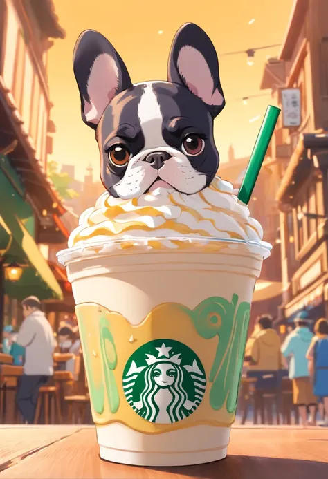 Unique, Cartoonish playful French bulldog-shaped cup, Colorful Starbucks-style frappuccino, French Bulldog Logo.