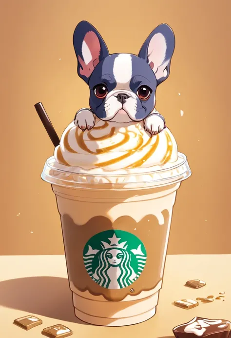 Unique, Cartoonish playful French bulldog-shaped cup, Colorful Starbucks-style frappuccino, French Bulldog Logo.