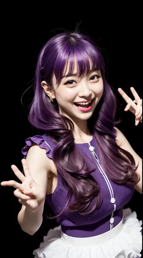 Love Hongno, mitts, Tongue sticking out, Tongue stock, Long hair, Star (symbol), Watch viewer, (Purple hair: 1.2), Purple eyes, Upper body, hair adornments, Ruffles, Pink shirt, Smile, Sleeveless, shirt, heartthrob, pupils in symbol shapes, Hands raised, b...