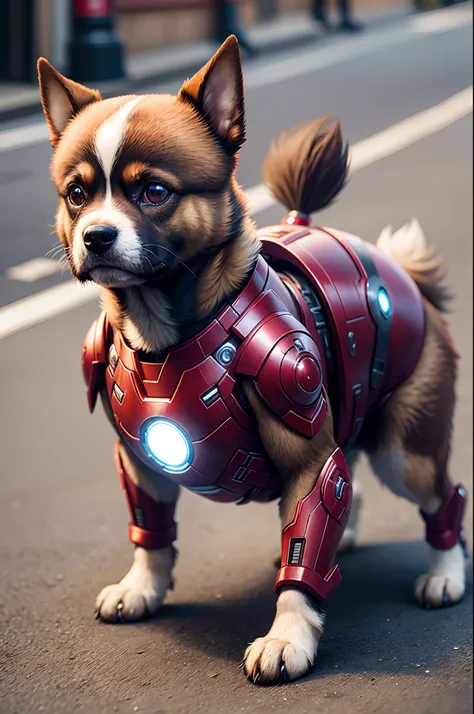 Shitzu breed dog dressed in iron man armor, imagem realista, 3D, The dog is on the street of a city --auto