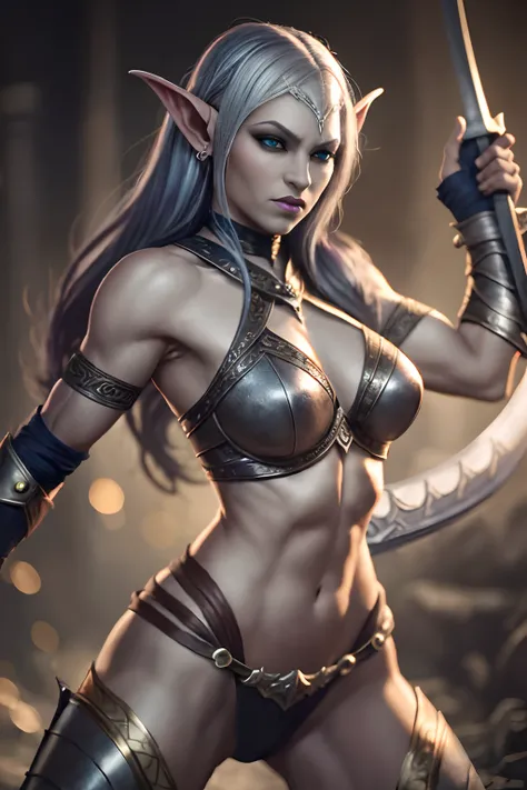 A beautiful muscular female Drow(dark elf), wielding a long sword, fighting stance, elvish leather armor, very dimly light, cinematic lighting, fantasy underdark art,