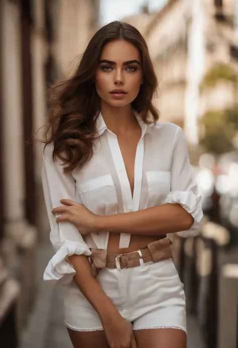 Arafed Mujer con minifalda y camisa blanca, Breats muy grandes, Chica sexy con ojos marrones, Sophie Mudd, brown hair and large eyes, mujer joven, Ojos del dormitorio, Myers rojos, sin maquillaje, Maquillaje natural, staring directly into camera, cara con ...